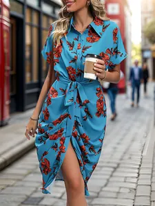 Women's Elegant Floral Print Belted Shirt Dress Summer Short Sleeve Button Down Midi Dress Casual Vacation Outfits