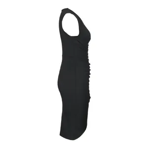 Detail view of the black sleeveless midi dress showing elegant side ruching and slim fit