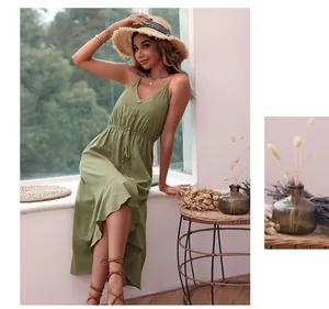 Detailed view of the V-neck button design and drawstring waist on a linen midi dress