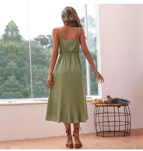 Back view of avocado green cotton linen midi dress with ruffle hem and thin straps