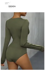 Rear view of olive green long sleeve bodysuit showing slim fit and seamless finish