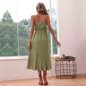 Grass green sleeveless midi dress with ruffle hem and adjustable straps back view