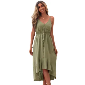 Solid green ruffled sleeveless midi dress with V-neck button detail and irregular hemline