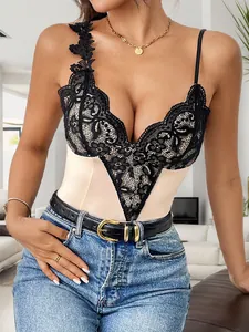 Women Sexy Lace Patchwork Bodysuit Deep V Neck Irregular Strap Sleeveless Slim Fit Top Elegant Floral Embroidery Fashion Clothing