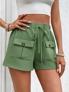Casual green high waist shorts with drawstring elastic waist and buttoned pockets