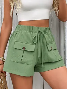 Women's Casual High Waist Shorts With Cargo Pockets Elastic Drawstring Waist Sage Green Polyester Beach Summer Shorts