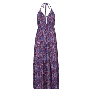 Detail van de bloemen maxi-jurk met V-hals, witte kant en gesmokte elastische taille