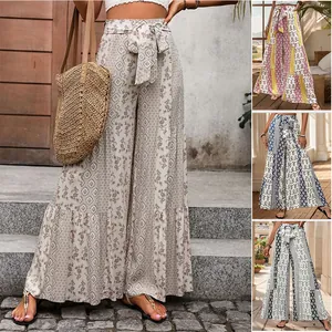 Women Bohemian Printed Wide Leg Pants High Waist Tie Waist Patchwork Floral Viscose Casual Vacation Long Trousers