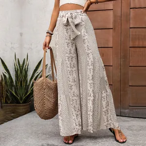 Women's high waist wide leg pants with ethnic floral print and waist tie for summer