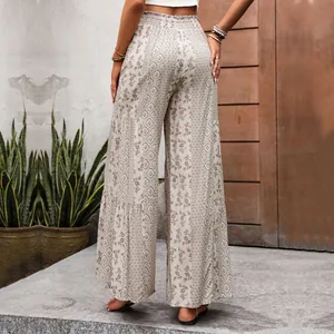 Women high waist bohemian wide leg trousers with floral ethnic print back view