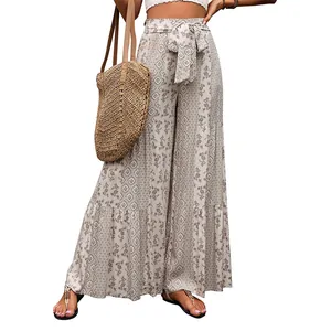 Bohemian high-waist floral wide-leg trousers with tie belt and tiered ruffle hem