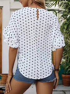 Polka dot ruffle sleeve summer top for women in white with black dots from back view
