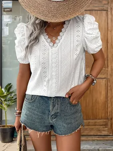 Women's Summer V Neck Eyelet Lace Blouse Casual Short Puff Sleeve Splicing White Top Hollow Out Embroidery Knit Shirt