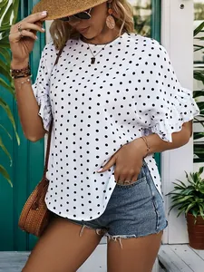 Summer white polka dot blouse with ruffle batwing sleeves and round neck for women