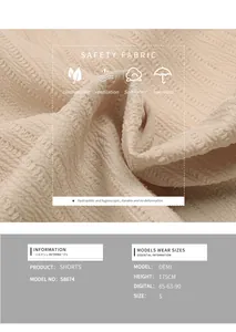 Close-up of beige seersucker texture fabric with model size details for women shorts