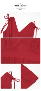 Detail of red V-neck summer dress featuring adjustable shoulder bows and pleated waist