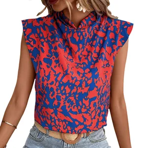 Women sleeveless cowl neck shirt featuring red and blue bohemian abstract floral print