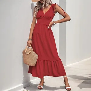 Elegant Red V-Neck Maxi Dress Sleeveless Ruffle Hem Tie-Shoulder Backless Resort Style Summer Vacation Dress For Women