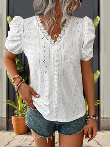 White V-neck lace blouse with puff sleeves and embroidery eyelet detailing for women
