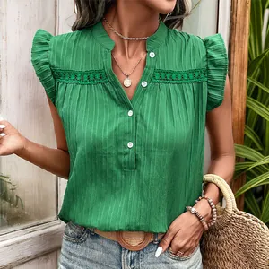 Women Casual Flutter Sleeve Blouse V Neck Lace Patchwork Green Summer Sleeveless Ruffle Shirt Pullover Top For Daily Vacation