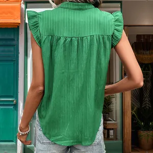 Vertical striped forest green sleeveless shirt with ruffled sleeves and pleated back detail