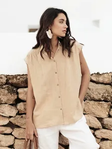 Women's sleeveless cotton linen shirt in khaki beige with button-up front and lapel collar