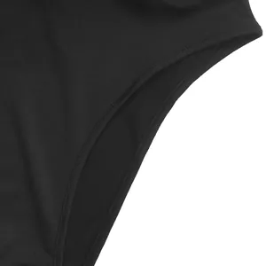 Close-up of black lace bodysuit featuring high-quality double-stitch sewing and elastic hem