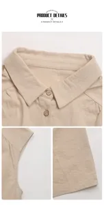 Detail view of cotton linen shirt collar and sleeves with wooden buttons in beige