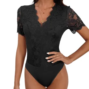 Elegant V-neck black lace patchwork bodysuit featuring sheer embroidery and short sleeves