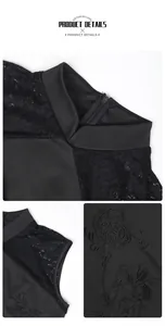 Détails du col montant, de la fermeture éclair cachée et des broderies de roses noires