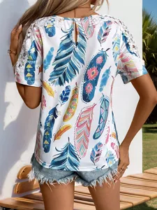 Women's white short sleeve T-shirt with feather print and lace panels on the back view
