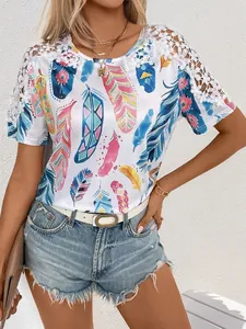Women summer t-shirt featuring lace short sleeves and colorful feather print design