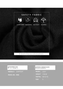 Macro detail of breathable black fabric for V-neck jumpsuit with size guide and specs