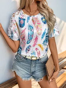 Women's white crewneck T-shirt with colorful feather print and lace sleeve patchwork