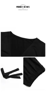 Detail shots of V-neckline, fabric tie belt, and elastic ruched cuffs on black jumpsuit
