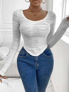 Sexy Damen T-Shirt mit Rundhalsausschnitt Texturiert Langarm Eng Anliegend Wellenstruktur Abgerundeter Saum Weiß Top