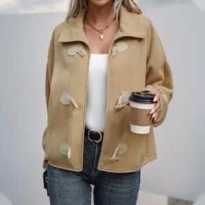 Women's camel sherpa jacket with horn buttons and street fashion loose fit design