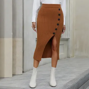 Women's Ribbed Knit Midi Skirt With Button Decor Side Slit High Waist Bodycon Viscose Blend Skirt For Autumn Winter Office Wear