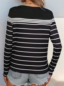 Women's classic black and white striped long sleeve T-shirt with a slim fit crew neck