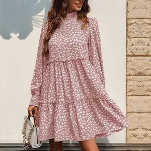 Women's Leopard Print Long Sleeve Tiered Dress Elegant Mock Neck Ruffle Mini A-Line Dress Autumn Fashion Party Casual Dress