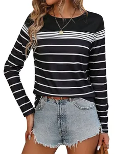 Classic black and white striped long sleeve t-shirt with a round neck for women