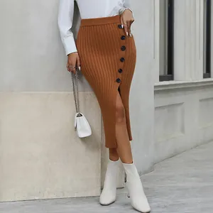 Brown ribbed knit bodycon midi skirt with high waist and side button slit design