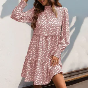 Pink leopard print long sleeve tiered dress with standing collar and ruffles