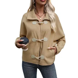 Women's camel fleece jacket with toggle buttons and lapel collar in loose street style