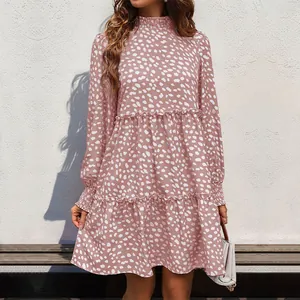 Elegant mauve leopard print long sleeve tiered midi dress with high neck and ruffle detail