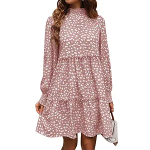 Pink leopard print long sleeve tiered dress with high neck and ruffled hemline