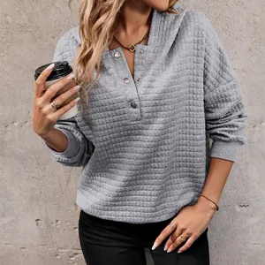 Women's Casual Waffle Knit Hoodie Button Henley Neck Long Sleeve Drop Shoulder Loose Quilted Sweatshirt Autumn Winter Top