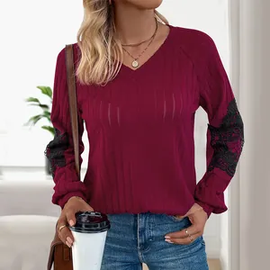 Damen V-Ausschnitt Langarm T-Shirt Rippenstrick Top Mit Spitzenbesatz Lässig Elegant Weinrot Einfarbig Pullover Hemd