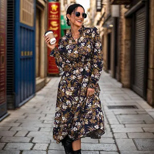 Floral V-neck long sleeve maxi dress with tiered skirt and vintage print for autumn