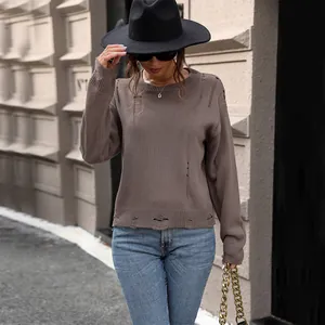 Distressed cocoa brown crewneck knit sweater with trendy ripped details for women